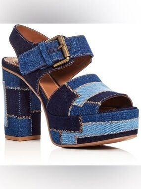 {See BY Chloe} Tara Patchwork Light Blue Denim Platform Sandals